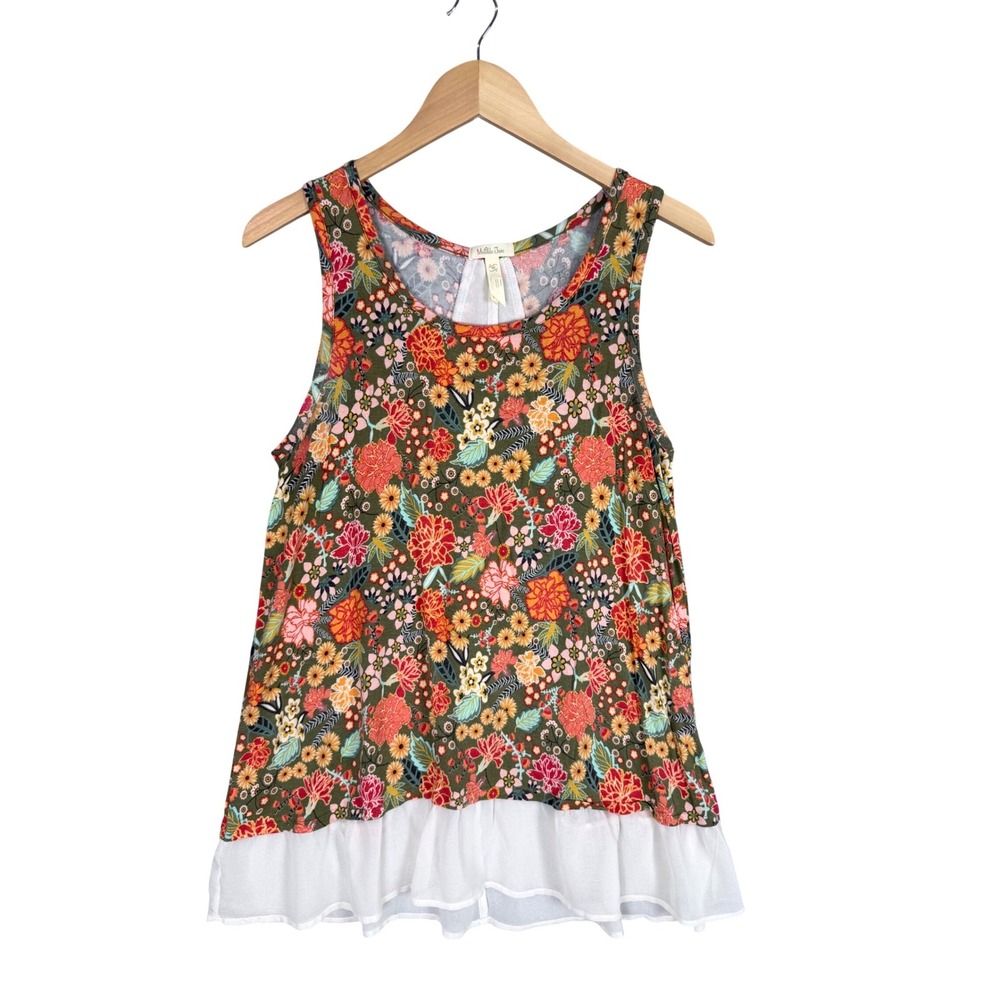 Matilda Jane Tank Top Womens M Green Floral Excellent Sheer Ruffle Back 23541T